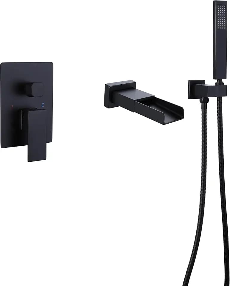 TapLong Matte Black Wall Mount Tub Filler Faucet Set with Hand Held Shower, Modern Bathtub Faucet with Waterfall Tub Spout Solid Brass Single Handle Shower Faucet Set with High Flow Rough in Valve