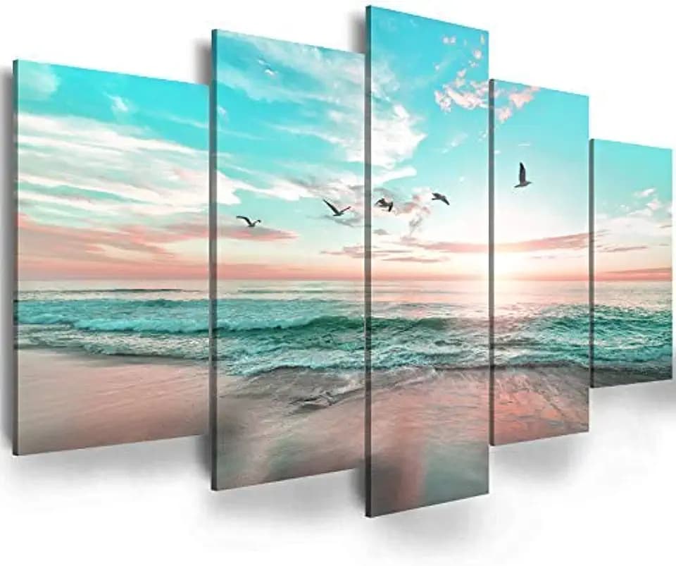 EPHANY Modern Ocean Beach Wall Art - Sunrise Sea Landscape, Canvas 5 Pieces, Blue Sea Sky Picture, Office & Living Room Wall Decor (D-5pcs,80"x40")