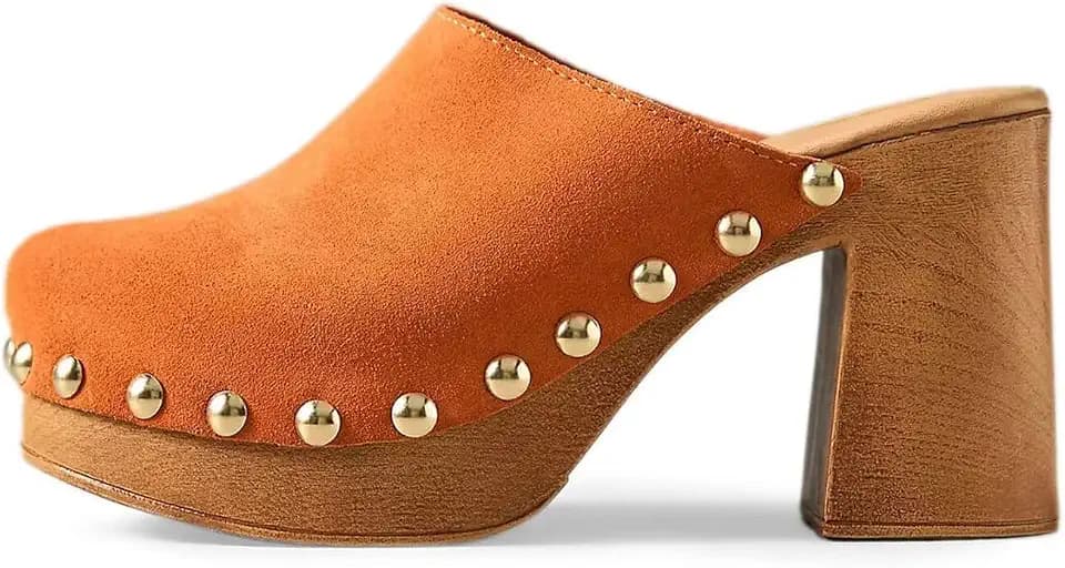 Agodor Women's Orange Lightweight Platform Clogs Mules Round Toe Studded High Chunky Heeled Sandals Slip On Comfy Wedge Heel Cork Dress Slides Sandals US8.5