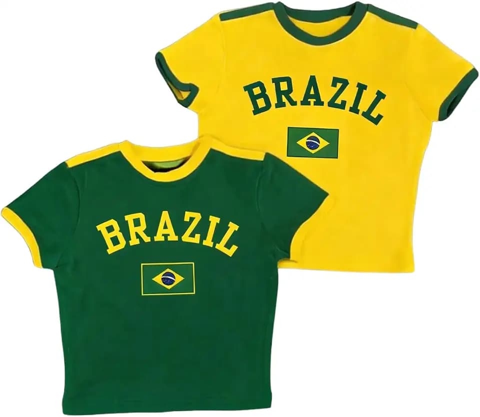 WDIRARA Women's 2 Pack Brazil Shirts Letter Graphic Crew Neck Short Sleeve Tee Y2k Crop Tops