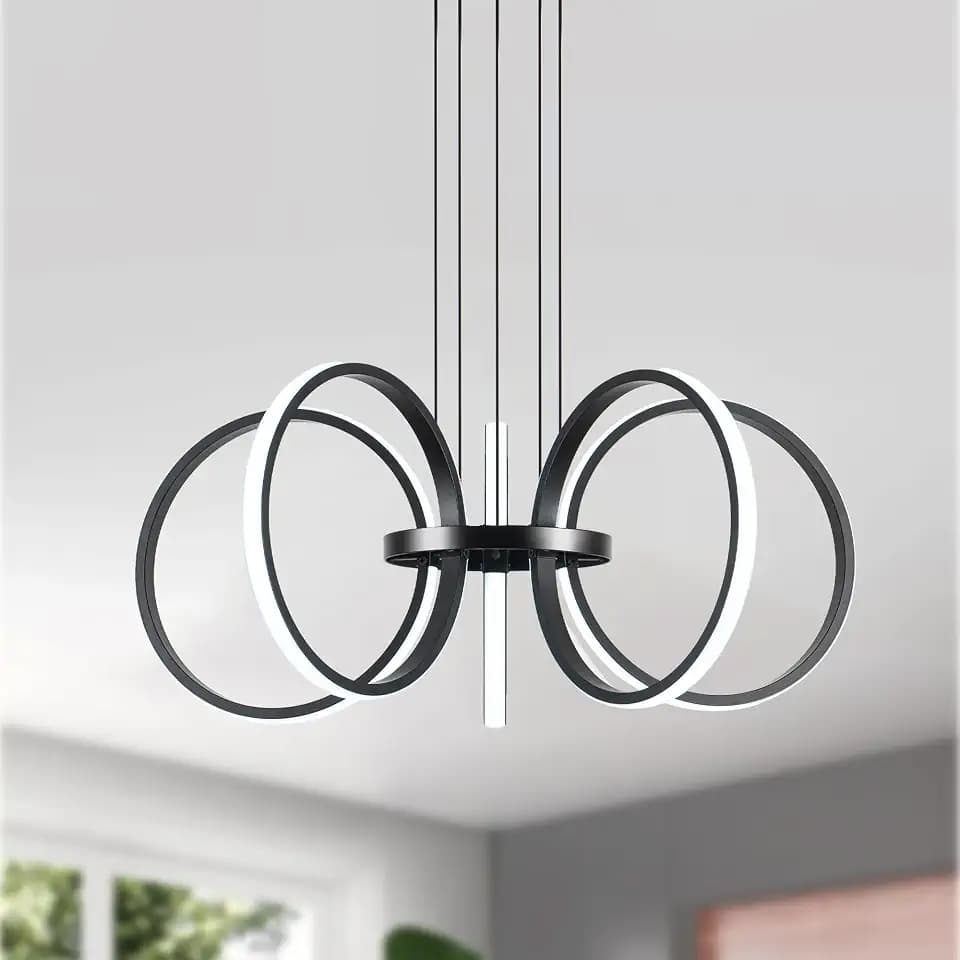 MAYNA Modern LED Chandelier, Black Pendant Light with 5 Rings, Adjustable Height Modern Chandeliers for Dining Room Living Room Kitchen Bedroom Entryway,6000k Daylight