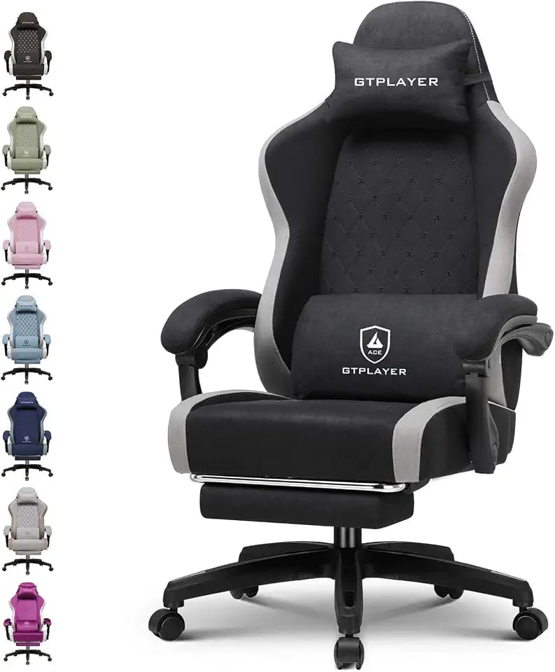 GTPLAYER Gaming Chair Fabric with Pocket Spring Cushion, Big and Tall Gamings Chairs 350LBS High Back Computer Chair with Footrest for Adults Lumbar Support Swivel Game Chair for Office Black