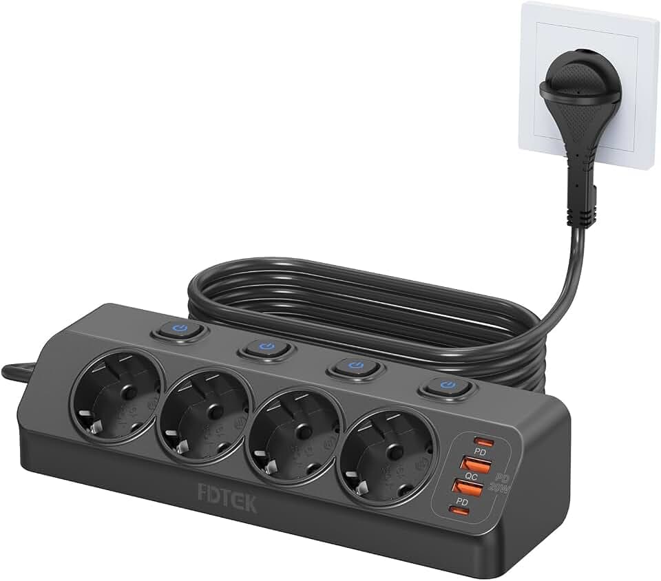 FDTEK PD 20W Ecksteckdose mit Flachstecker, 4 Fach Tischsteckdose 4000W 16A