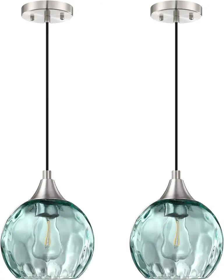2 Pack 1 Light Hanging Indoor Kitchen Island Pendant Light 6.3" Green Hammer Glass Pendant Ceiling Light Fixtures Brushed Nickel Finish Modern Farmhouse Dinning Over Sink