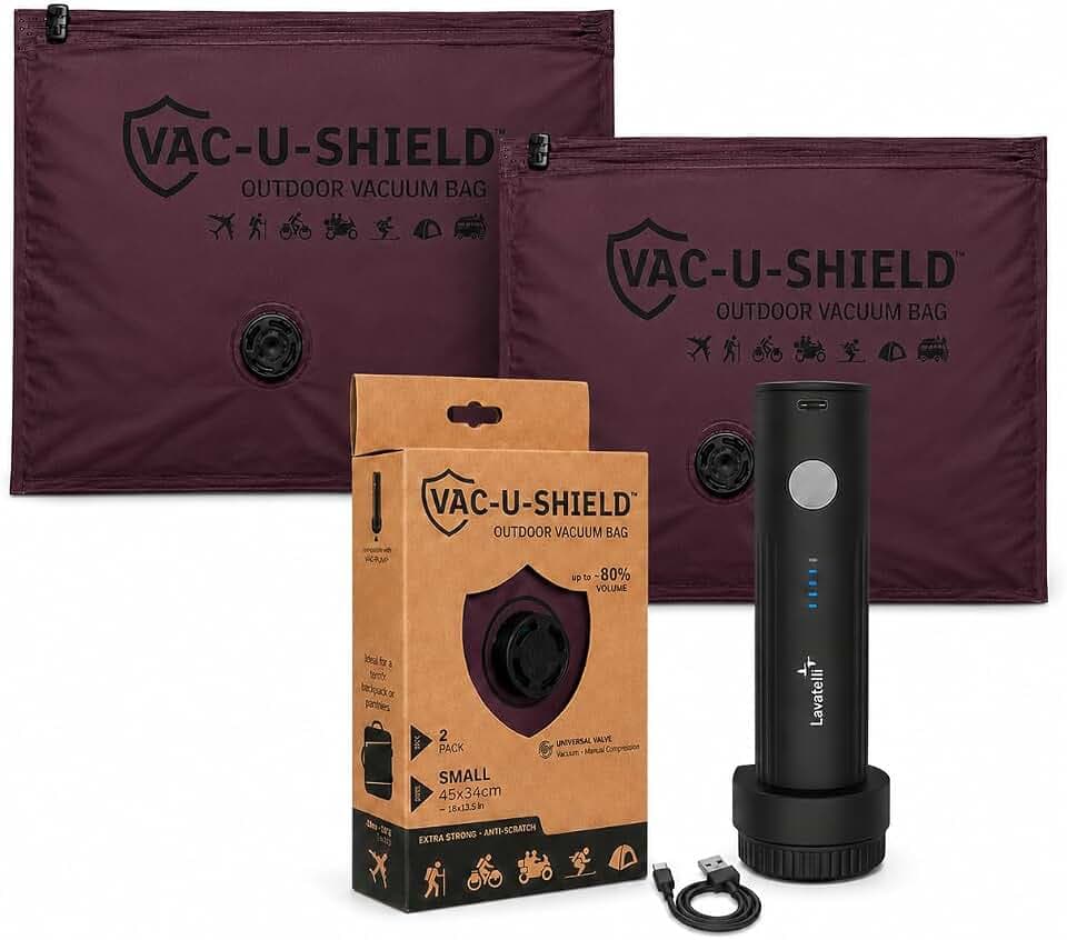 Vac-U-Shield 2 Vakuumbeutel + Vac-U-Pump, Outdoor Reise, Rot 45x34 cm