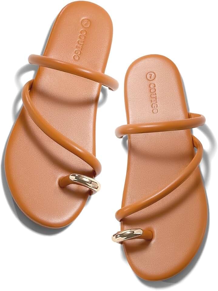 Coutgo Womens Strappy Flat Sandals Square Open Toe Flip Flops Slides Toe Ring Summer Dress Shoes