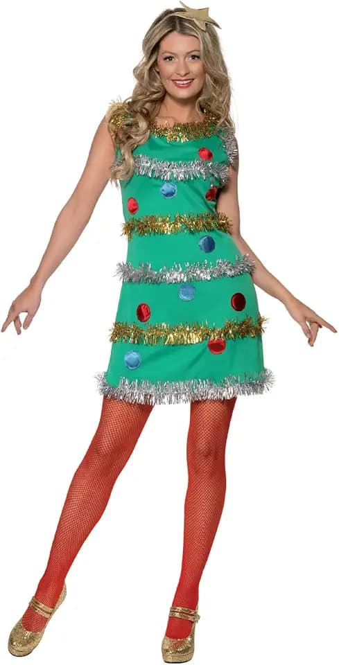 Smiffys, Damen Weihnachtsbaum Kostüm, Kleid und Haarband, Größe: L, 36992