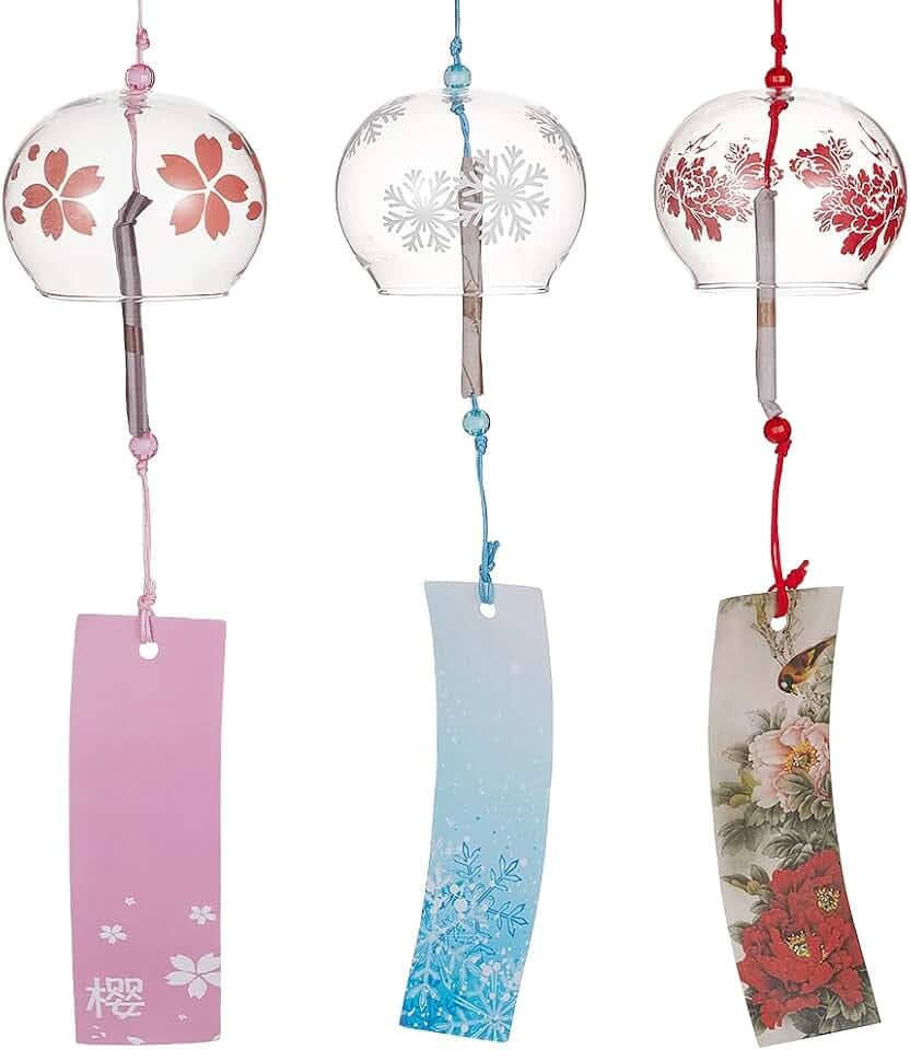 BENECREAT 3PCS Japanische Windspiele Rosa Kirsche/Rot/Blau Glas Windglocken Handgemachte Anhänger Für Geburtstagsgeschenk Und Wohnkultur