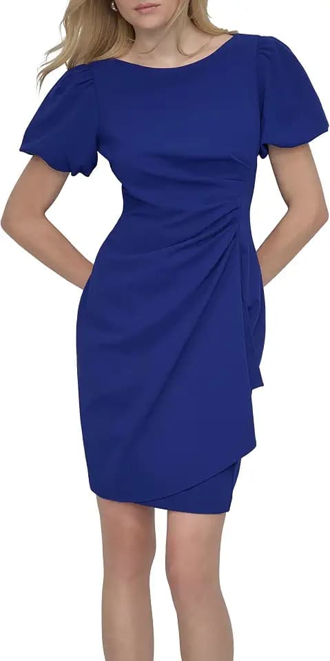 DKNY Women's Short Sleeve Boat Neck Side Ruched Dress