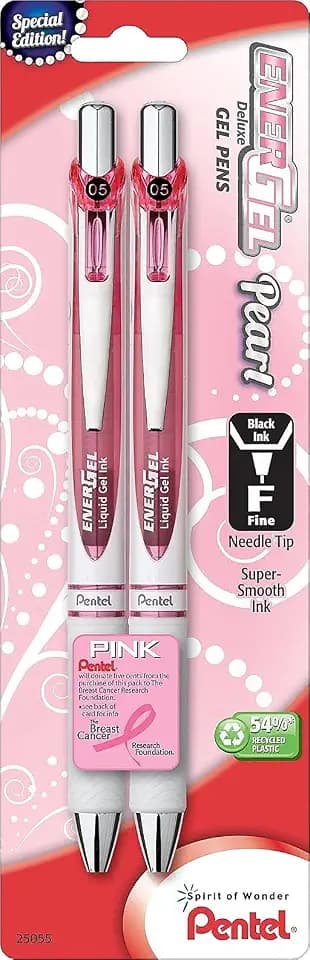 Pentel Pink BCA EnerGel Pearl Deluxe RTX Liquid Gel Pen, (0.5mm), Fine Line, Needle Tip (BLN75WBP2PA)