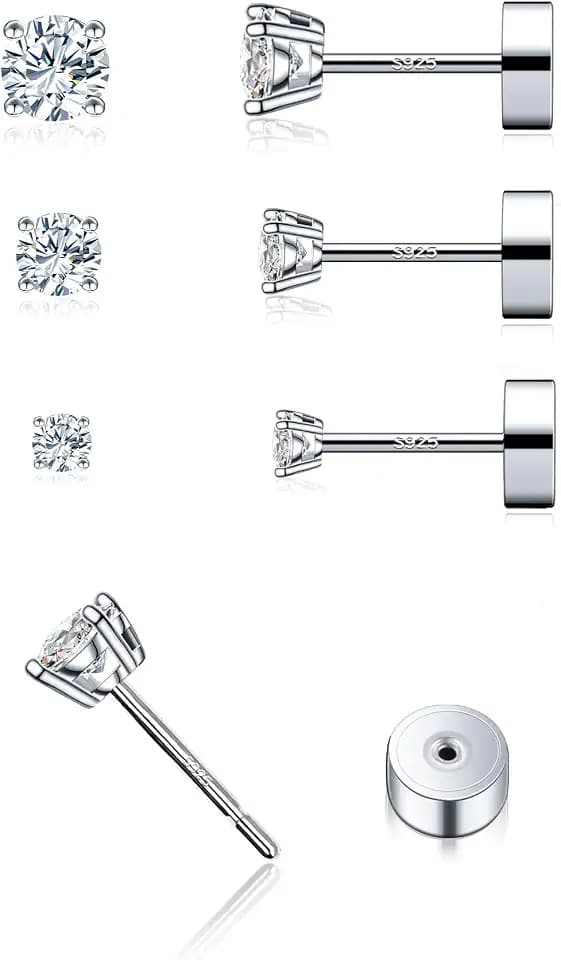3 Pairs Moissanite Flatback Stud Earrings for Women, 925 Sterling Silver Hypoallergenic Flat Back Cartilage Earrings Set, 18K White Gold Plated