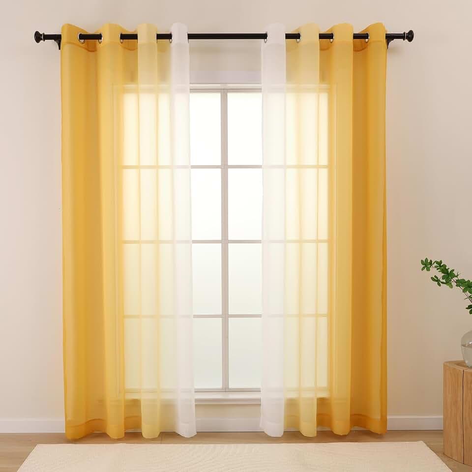 L.Z.E Gold White Sheer Curtains 84 Inches Long for Living Room, Gold and White Curtains for Kids Bedroom Dining Room, Transparent Lightweight Gradient Window Drapes Grommet Top 2 Panels Set
