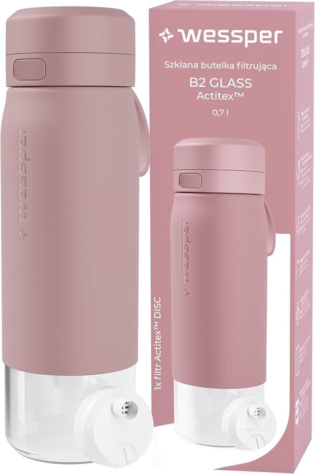 Wessper Wasserfilter Flasche Glas 700ml mit Actitex Disc Filter - Rosa