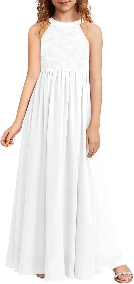 HOSIKA Girls Sleeveless Lace Chiffon A-line Long Formal Flower Girls Dress