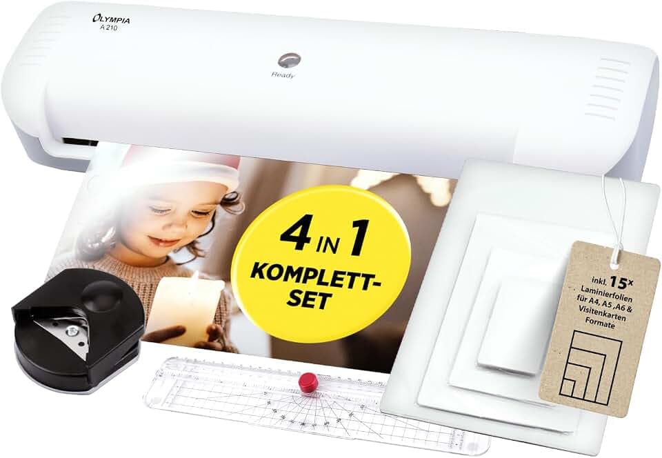 Olympia A210 4in1 Laminiergerät A4 | Laminierset A4 | Laminator | Schnelles Aufwärmen | Laminiermaschine, Papierschneider & Eckrunder | Ideal für Büro Schule & Heimgebrauch | Inkl. 15 Folien