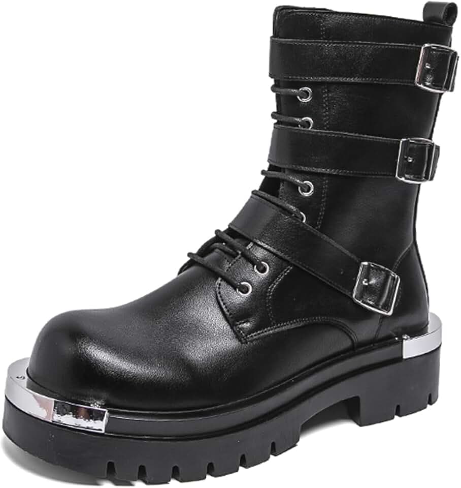 Men's Leather Lace Up Platform Military Combat Boots with Multiple Buckle Side Zip Chunky Heel Goth Motorcycle Trendy Round Toe Lug Sole Non Slip Comfort Y2K Boots for Motorcycle Rides Daily Work