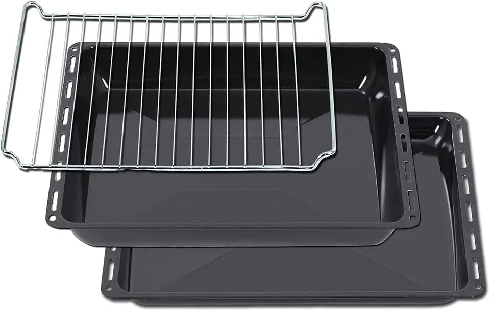 ICQN Backblech & Gitter Set 445 × 375 × 25 & 50 mm, Kompatibel mit Bauknecht, Indesit, Whirlpool-Gruppe & Algor, Emaillierte Backbleche & Verchromtes Gitter für Backofen & Herd