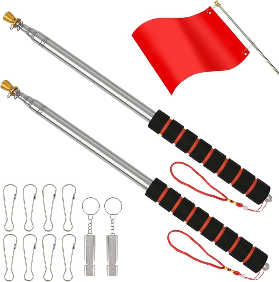 2 Stück 3 Meter Teleskop Fahnenstange, Edelstahl Fahnenstange Teleskop, Telescopic Flagpole mit Clips und Notpfeife, Geeignet für Reisen, Outdoor-Aktivitäten, Lehrer und Reiseleiter