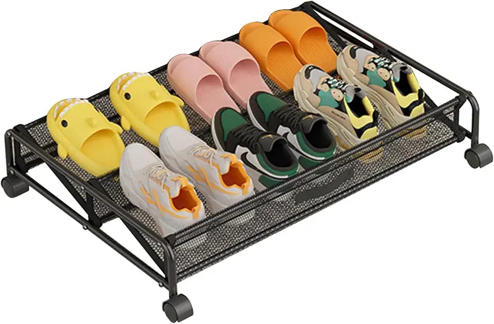 Unterbettkommode mit Rollen, 89L Unterbett-Kommode für Schuhe, Metallrahmen Schuhaufbewahrung unter dem Bett mit Rädern für Kleidung, Schuhe, Spielzeug, Bücher