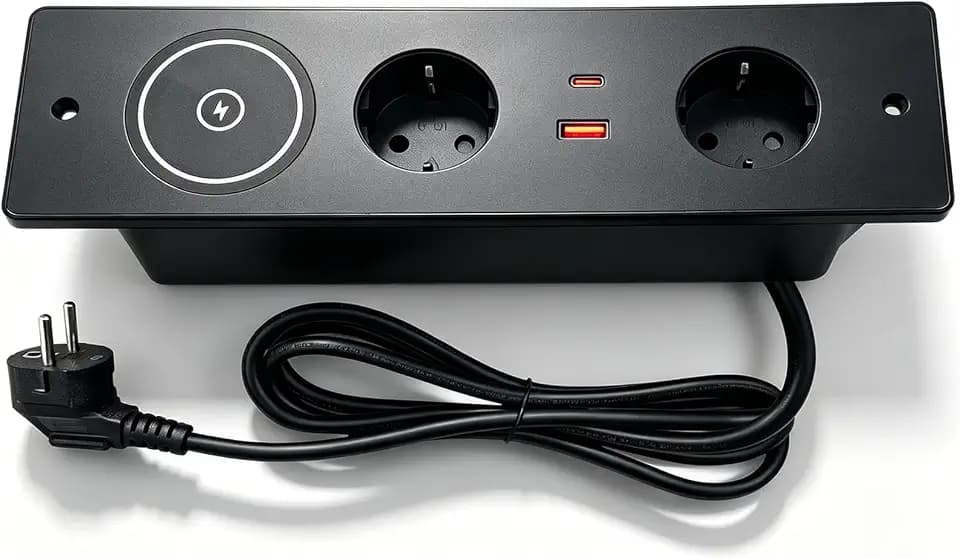 Versenkbare Steckdose 2-Fach USB C PD 20W und 15W Kabelloses Laden, Einbau Steckdosenleiste Tischsteckdose Einbausteckdose Tischplatte für Büro Schreibtisch Küche, Schwarz 1.5M Kable
