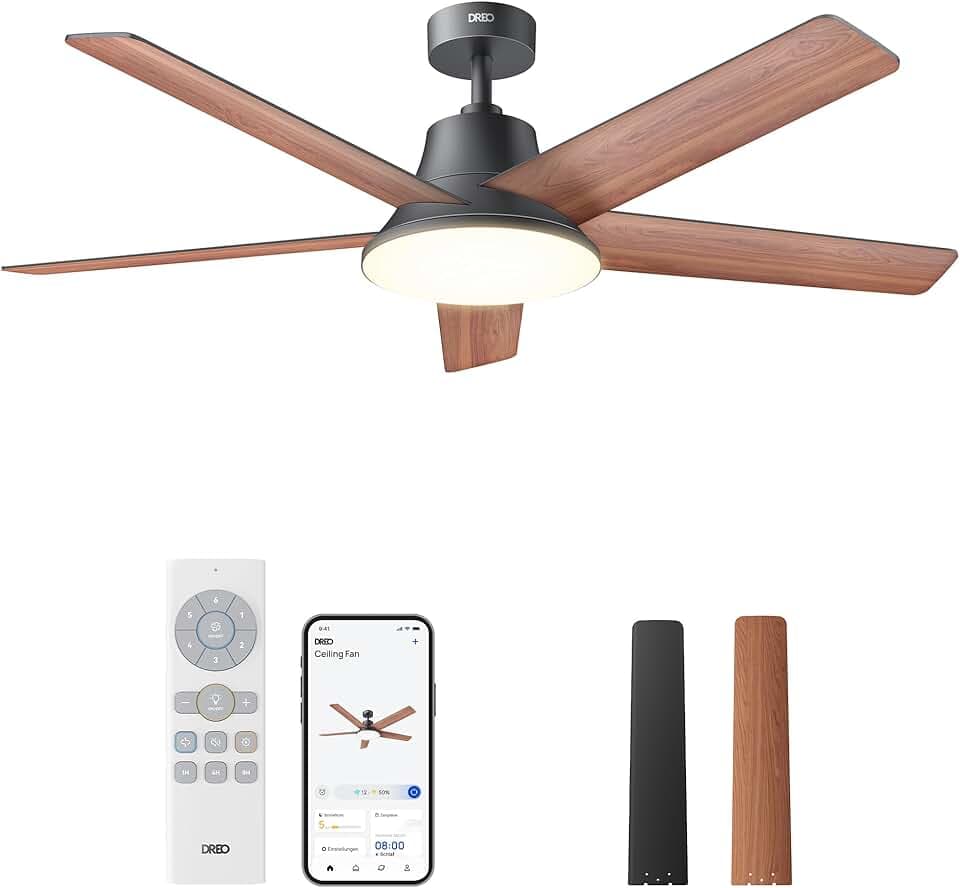 DREO Smart Deckenventilator mit Licht, 132 cm, 12 Geschwindigkeiten(APP), 3 Modi, stufenlos dimmbares LED-Beleuchtung, leiser DC-Motor, 12H-Timer, Fernbedienung/Alexa, für Innenräume, Schwarz