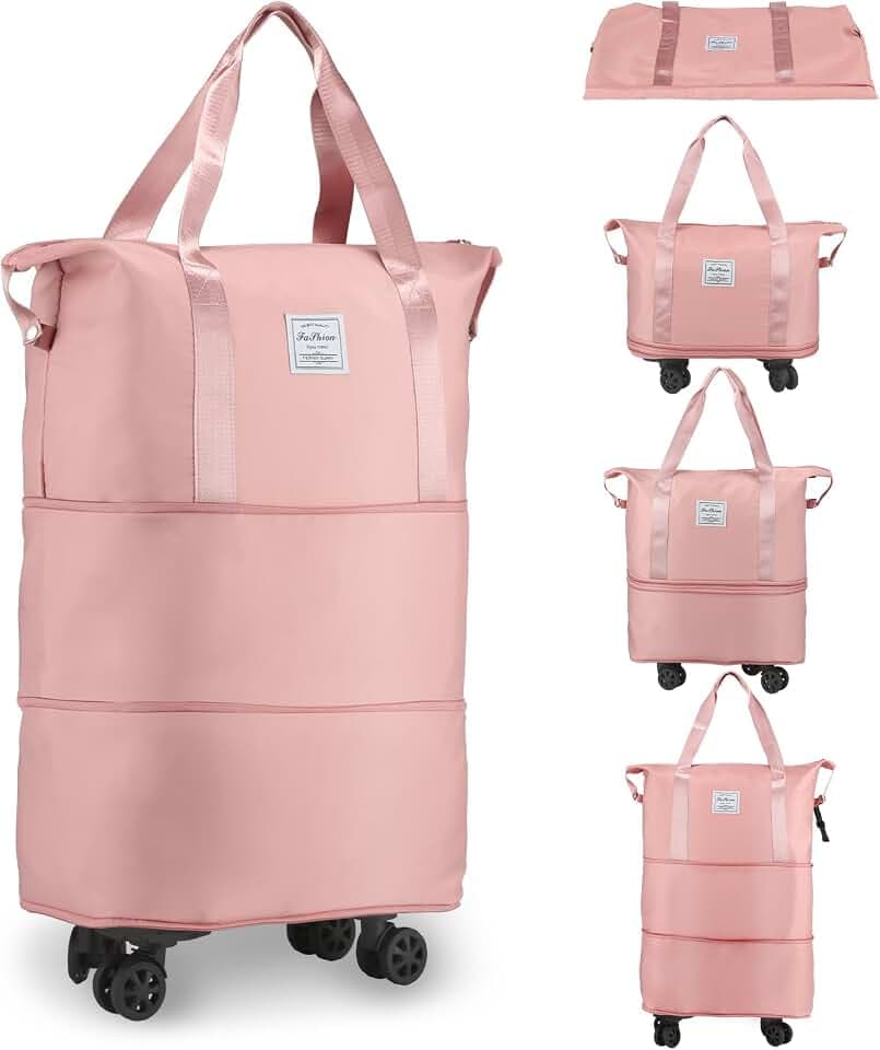 Rolling Duffle Bag with Wheels, Expandable Foldable Duffle Bag for Travel, Rolling Under Seat Luggage Carry on Duffel Bags, Wheeled Travel Duffel Large Overnight Weekend Bags (Pink)
