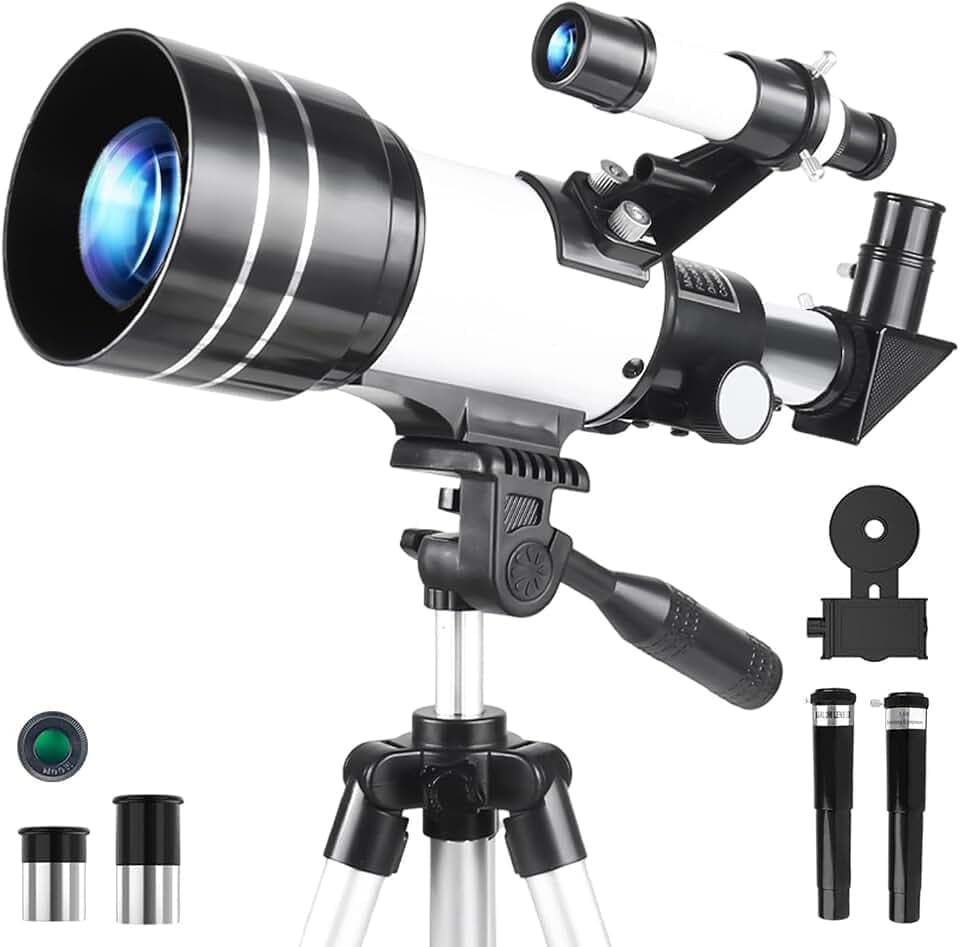 Teleskop für Kinder & Anfänger, 70mm Aperture 300mm Refraktor Teleskope Einsteiger, mit Ausziehbarem Stativ, Okulare, Sucherfernrohr, Mondfilter Astronomie Erwachsene Telescope (Weiß)