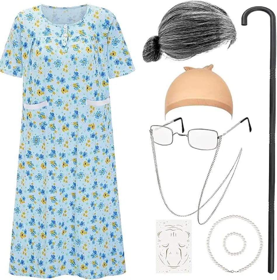 8 Packungen Old Lady Kostüm für Kinder, Oma Cosplay Set für 100. Schultag, Oma-Kostüme, Halloween-Zubehör