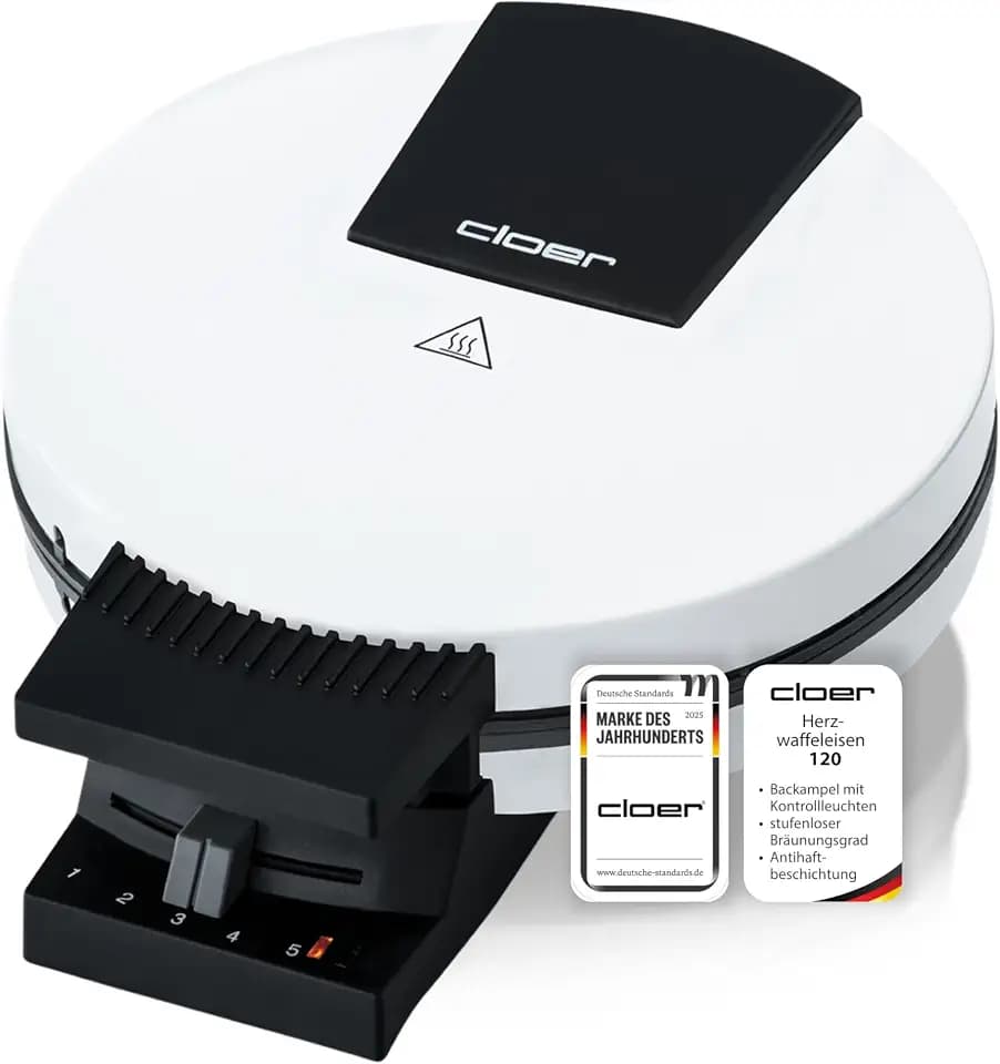 Cloer 120 Waffeleisen für eine XXL-Herzwaffel mit 19,5 cm Durchmesser, Herzwaffeleisen mit Antihaftbeschichtung, stufenlosem Bräunungsgrad und Backampel, Weiß, 930 W