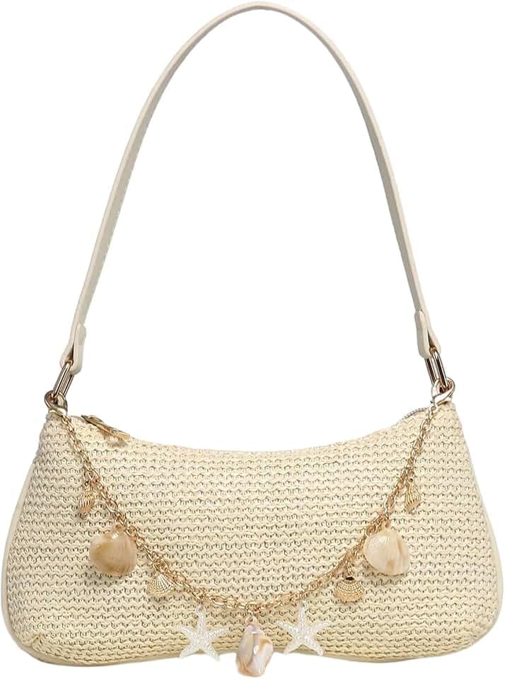 GORGLITTER Women's Boho Seashell Beaded Bag Woven Straw Bags Clutch Purse