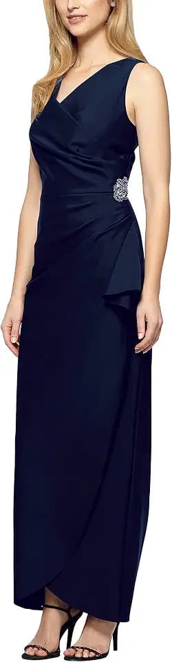 Alex Evenings Women's Slimming Long Side Ruched Dress with Cascade Ruffle Skirt