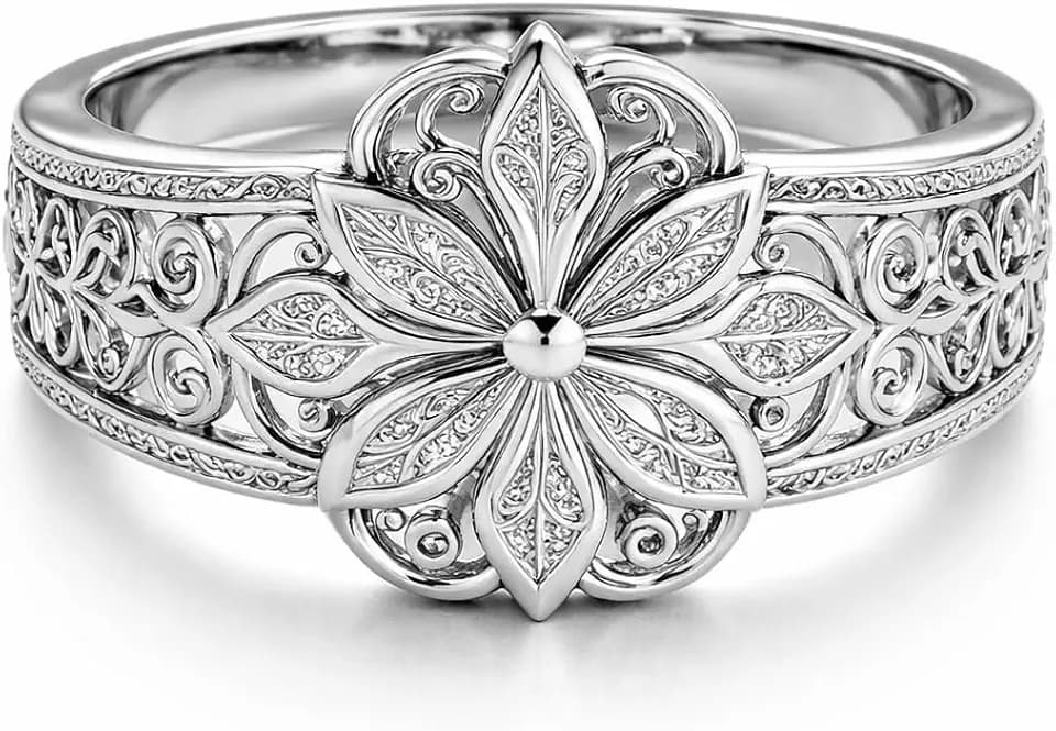 Floral Filigree Ring For Women, Chunky Vintage Classic Engraved Hollow Carved Band Flower Statement Rings Promise Wedding Gift Jewelry