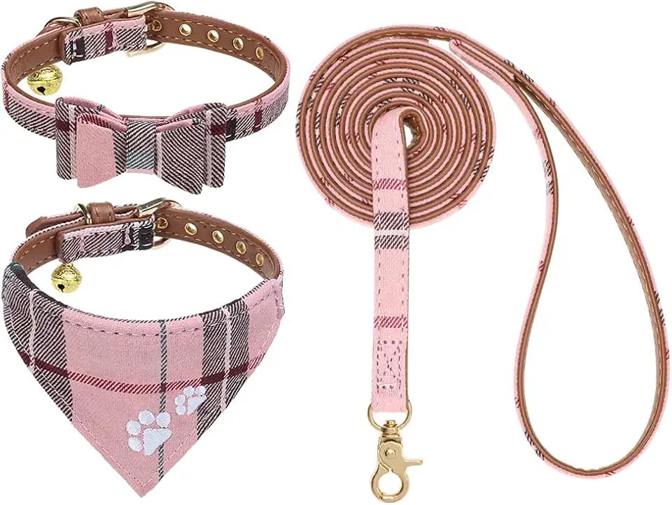 EXPAWLORER Hundehalsband und Leine, Set mit Stickerei, Pfotenabdrücke, kariert, Hundehalsband und Hundeleine, Nicht frei, Fliege und Bandana, Hundehalsband mit Glöckchen, Halsband und Leine, für