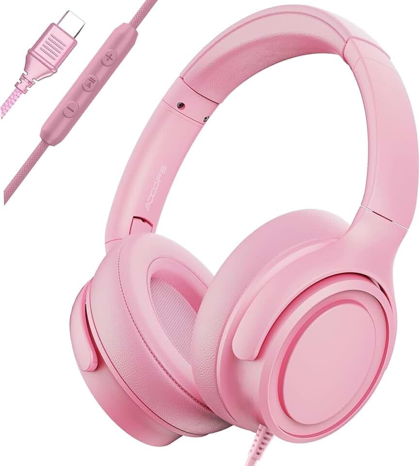 ADOOPE USB C Wired Over-Ear Headphones with Mic, Pink, No Bag