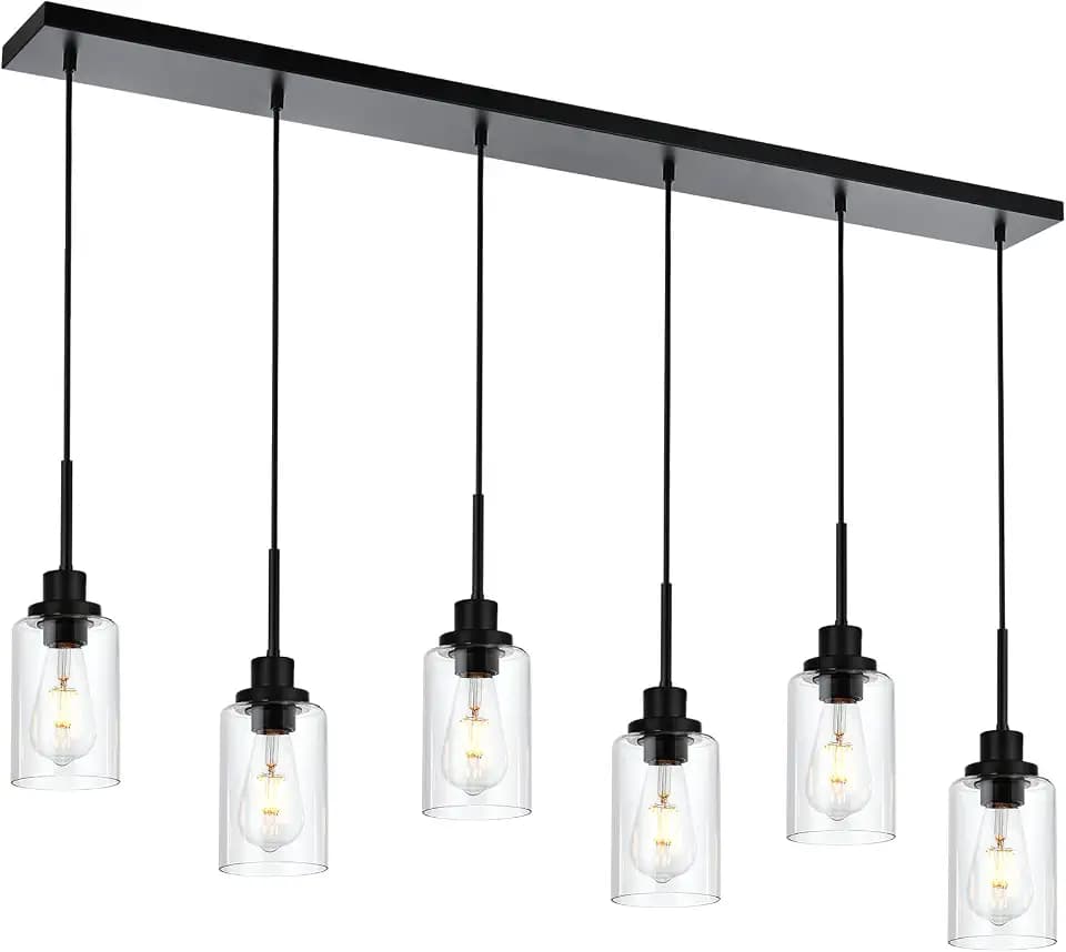 6-Lights Pendant Light Fixtures Ceiling, Modern Black Adjustable Hanging Lamp with Clear Glass Shades, Dining Room Kitchen Island Lighting E26 Bulb Base