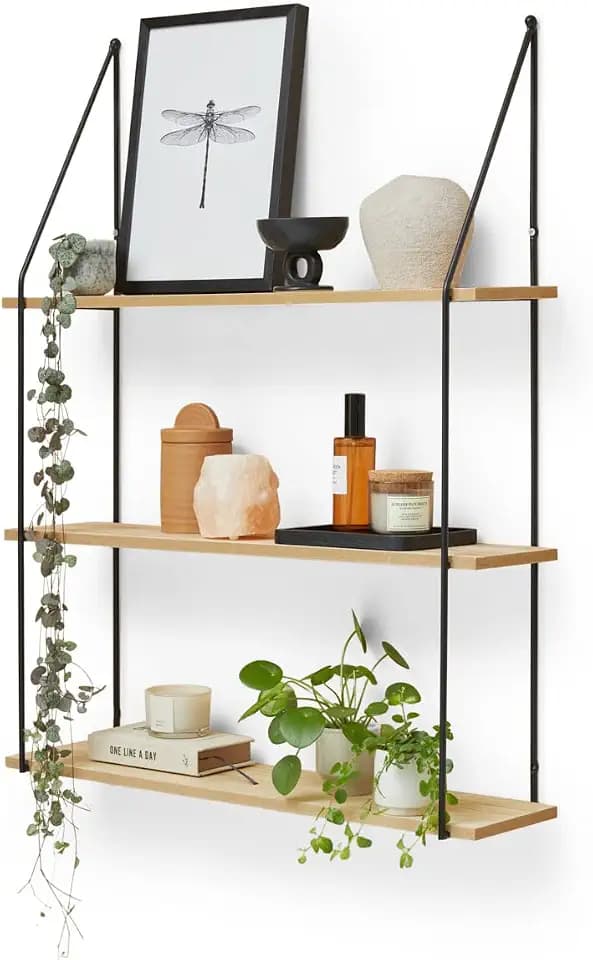 LIFA LIVING Vintage Wandregal 3 Etagen aus Holz und Metall, dekorative Schweberegale für Küche, Hängeregal für Wohnzimmer, Schlafzimmer, 65 x 17 x 84 cm