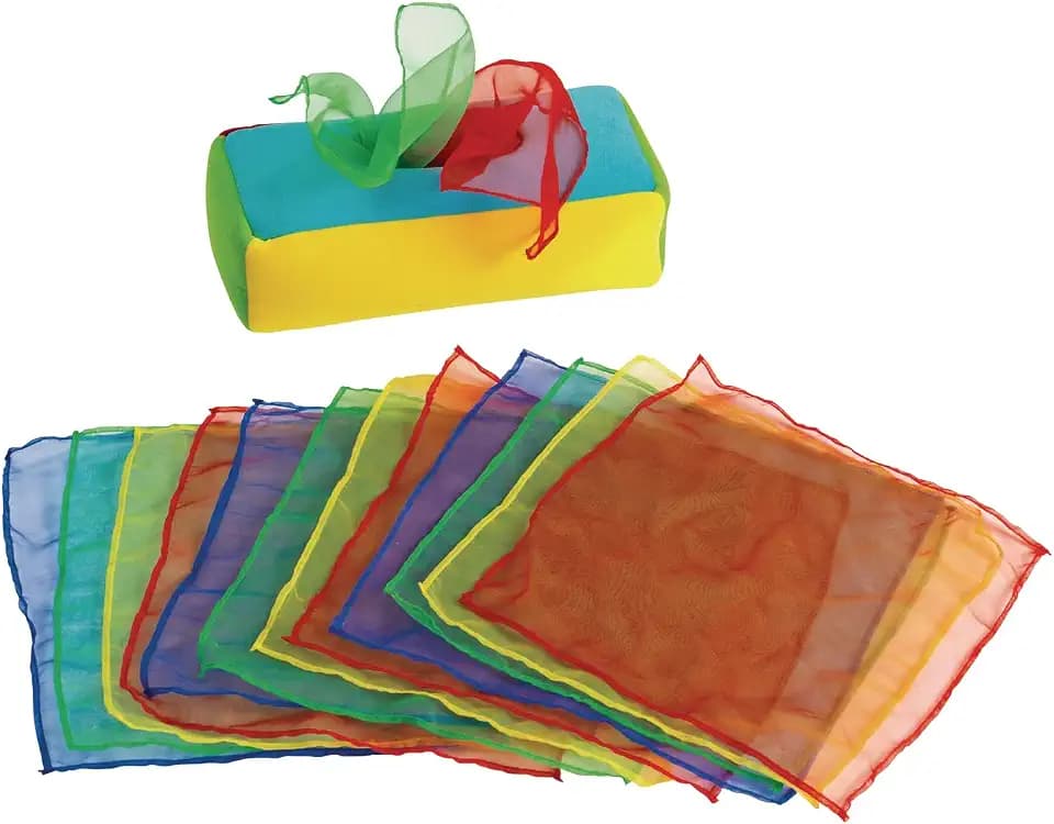 Excellerations Plush Pull & Play 12 inches L x 5-1/2 inches W x 3-1/2 inches H Tissue Box 12 Square Scarves for Children, Kids Educational Baby Toy, 9 Months and Up