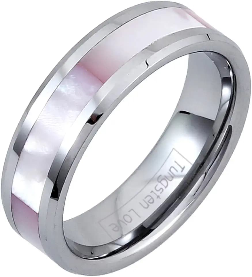 JewelryWe Schmuck Damen Breit 6MM Wolfram Wolframcarbid Ring Band Glänzend mit Synthetisch Rosa Muscheln Shell Inlay Engagement Hochzeit, Silber, Größe 47 bis 70