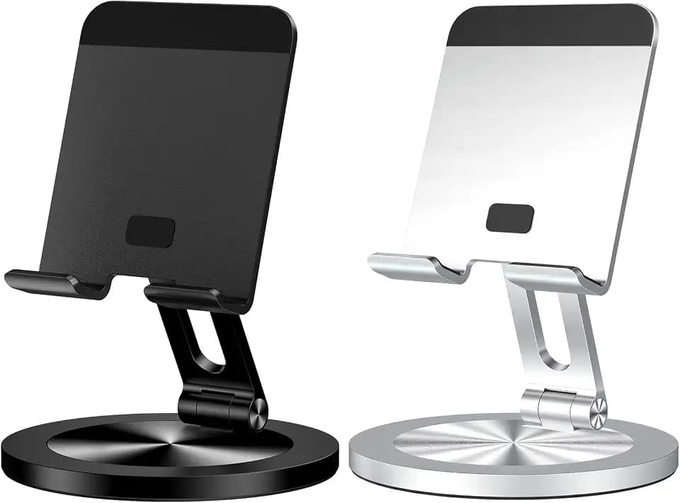 Phone Stand for Desk, 360° Rotating Dual Adjustable Foldable Cell Phone Holder, Heavy Solid All-Aluminum Base Anti-Slip Stable Support for Home Office Study, Fits iPhone Galaxy 4-8" Phones