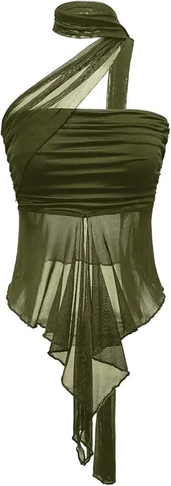 OYOANGLE Women's Sheer Ruffle Trim Halter Ruched Concert Y2K Crop Tops