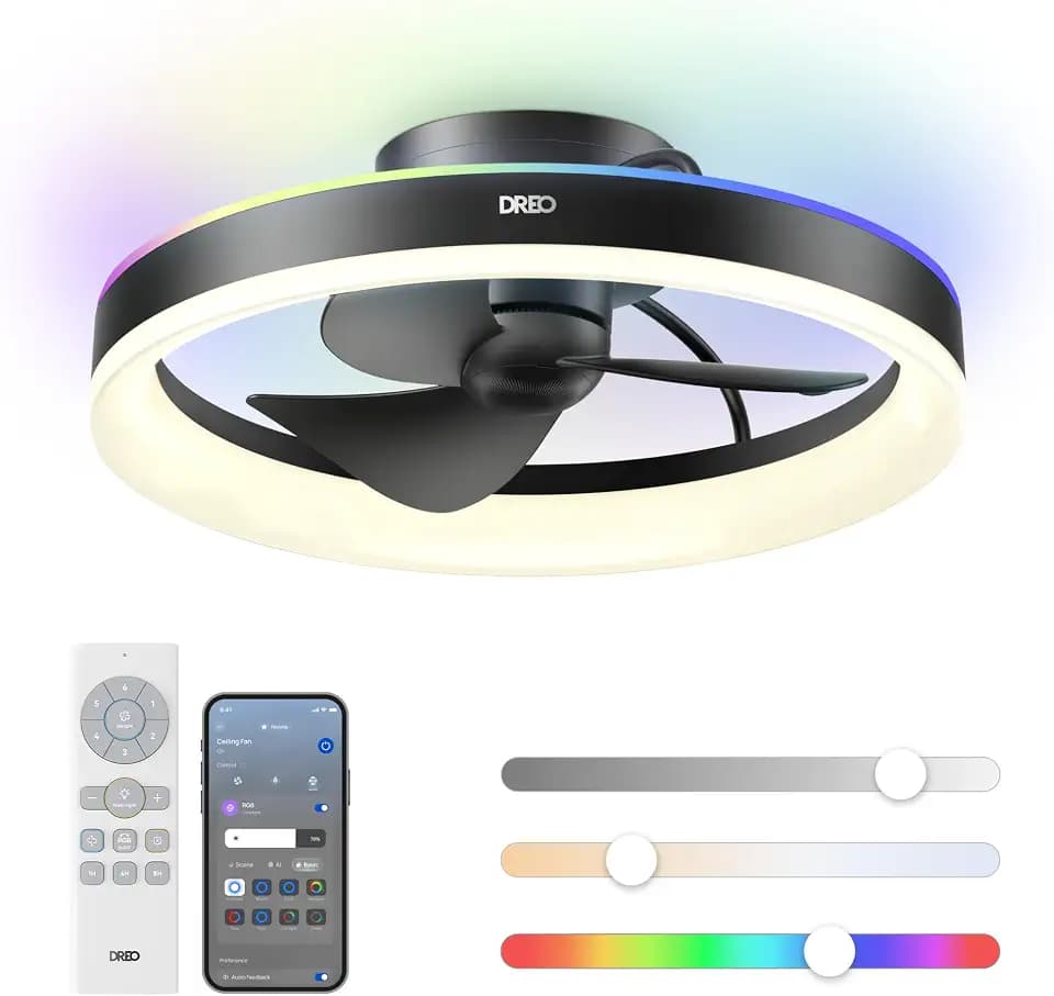 DREO Smart RGBIC Ceiling Fans with Lights, Low profile Ceiling Fan with Alexa/App, 20'' Dimmable Lighting & Color Tuning, 22dB Quiet for Bedroom, Game Room, Easy Installation, Black