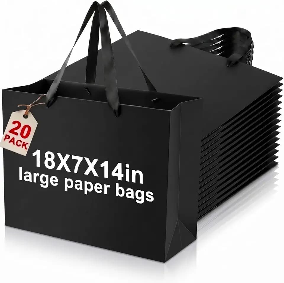 Fuyoooo 20 Pcs 18"x7"x14" Extra Large Gift Bags with Ribbon Handles, Black