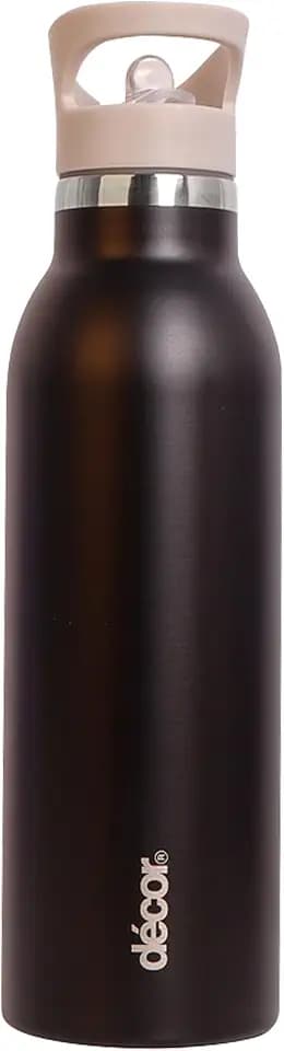 Décor - Snap n Seal Doppelwandige Edelstahlflasche | Auslaufsichere Flasche mit Strohhalm | Ideal für unterwegs, im Fitnessstudio und auf Reisen | 600ml, Schwarz