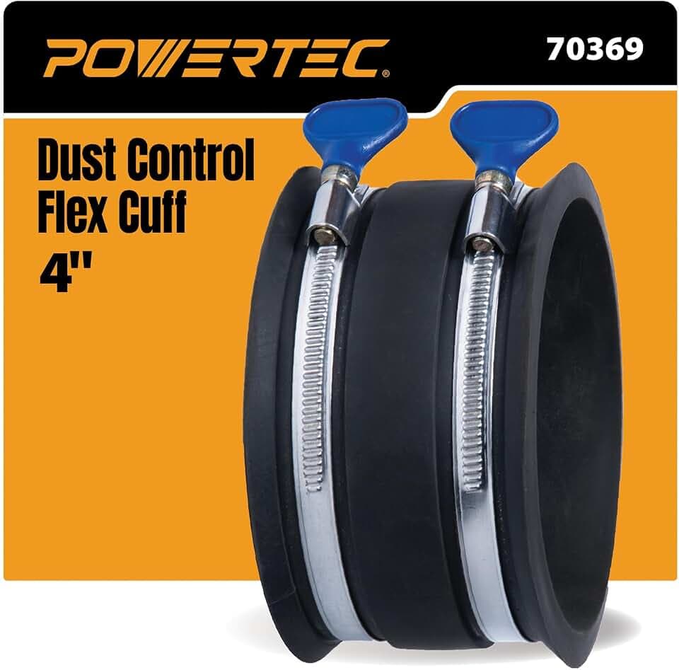 POWERTEC 70369 4 Inch Dust Control Flex Cuff with Adjustable Key Hose Clamps, Hose Connector Rubber Cuff Coupler for Woodworking Dust Collection Fittings, Dust Collector Accessories & Machinery, 1pk