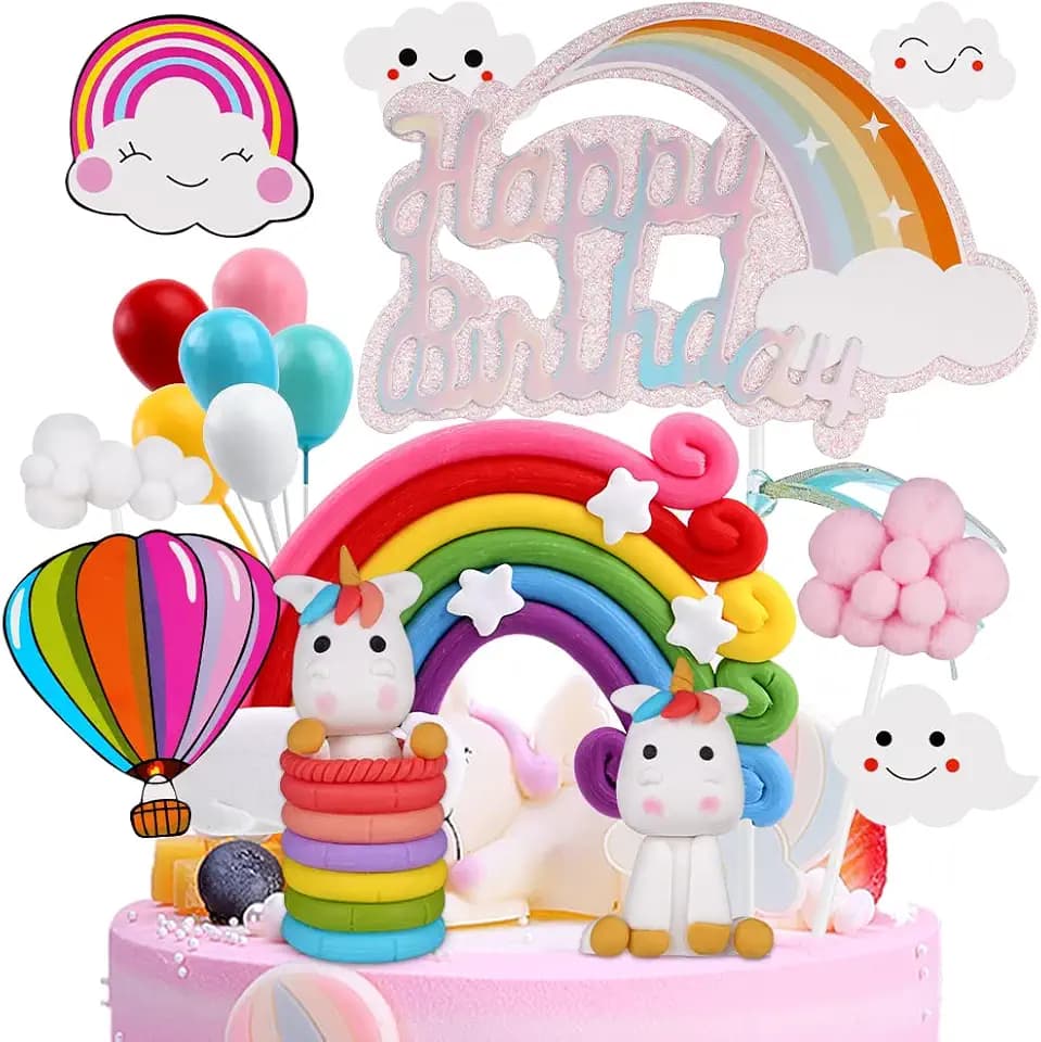 OSDUE Einhorn Tortendeko Geburtstag, Einhorn Kuchendeko, Macaron Kuchen Deko, Happy Birthday Tortendeko, Kuchen Topper, Regenbogen, Happy Birthday, Wolke, Ballon für Familienfeiern Party