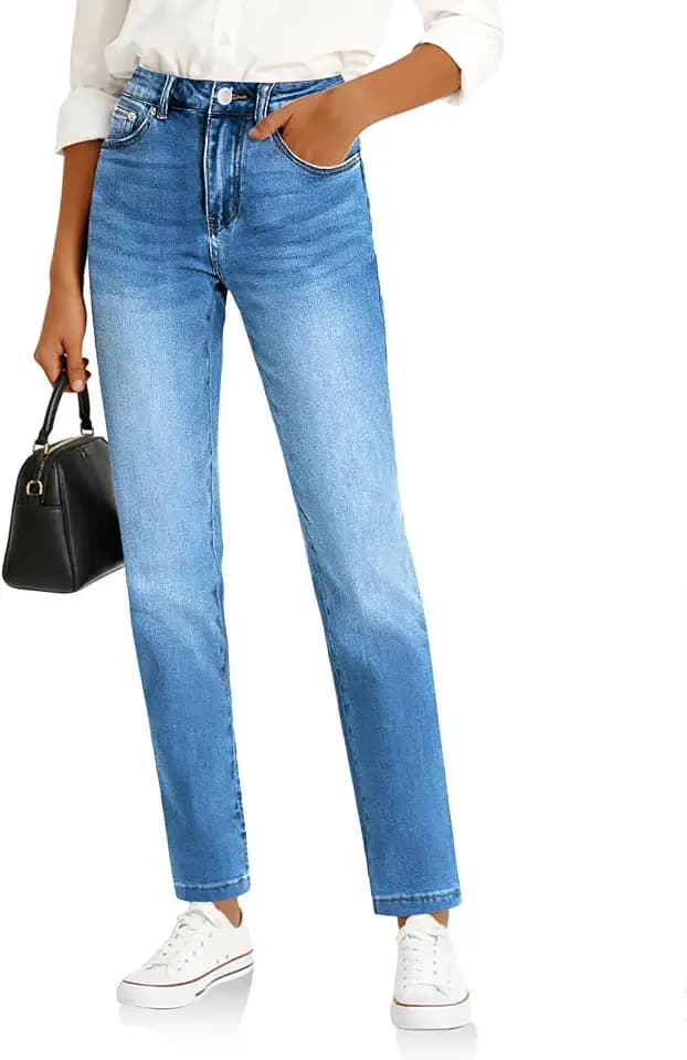 Cicy Bell Womens Straight Leg Jeans High Waisted Mid Rise Stretchy Denim Pants Tapered Petite Jeans