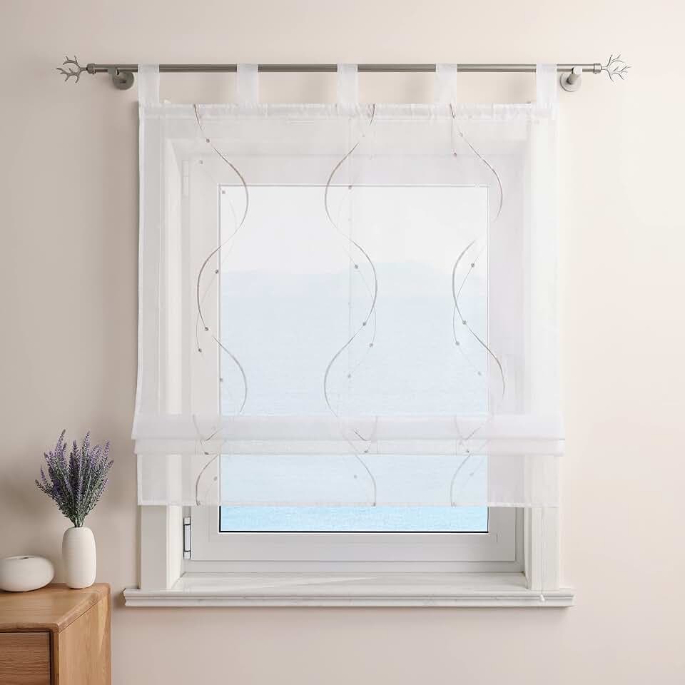 ESLIR Raffrollo mit Schlaufen Gardinen Küche Bestickt Raffgardinen Voile Transparent Schlaufenrollo Modern Vorhänge mit Wellen Stickerei Beige BxH 80x140cm 1 Stück