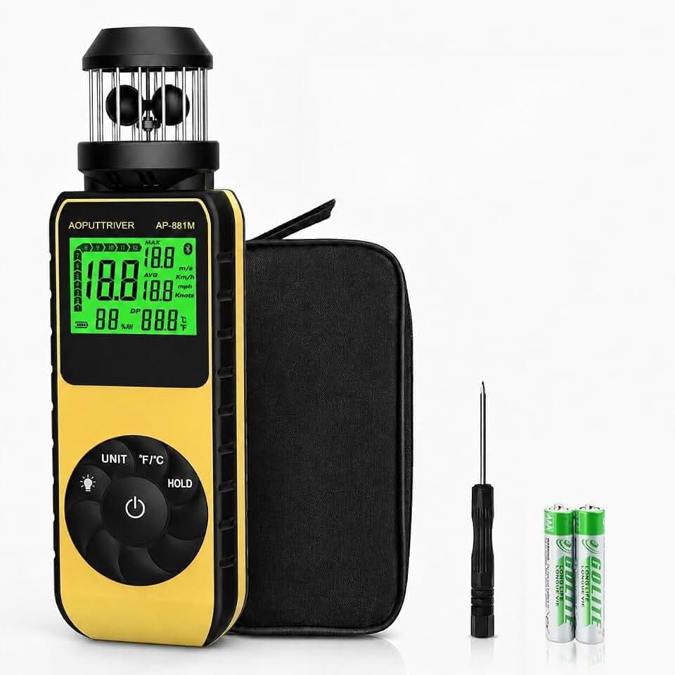 Digitaler Anemometer Handheld AP-881M Windmesser Anemometer mit 360°Windrichtung Wind Cup Anemometer mit Temp(℃/℉) Messung der Luftgeschwindigkeit Luftvolumen für HVAC Vents, Boot Segeln