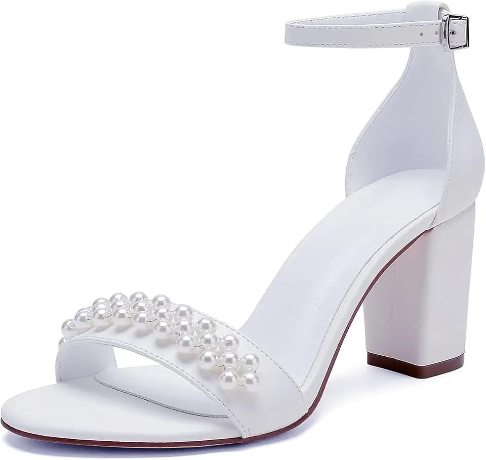 Open Toe Chunky Block Heels Satin Pearl Wedding Shoes for Bride High Heels Sandals Bridal Shoes Evening Prom Party Dress Shoes Pumps for Women