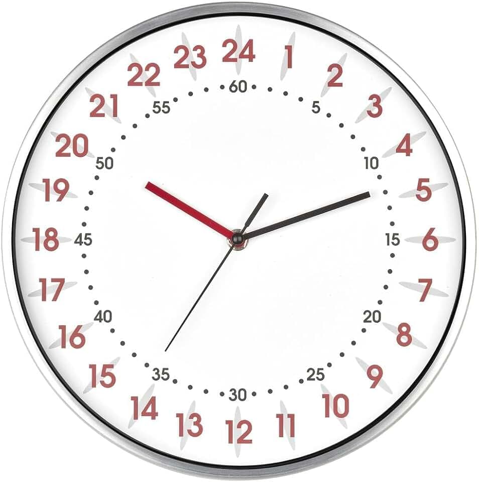 TFA Dostmann Analoge Wanduhr 24 Stunden Anzeige, 60.3069.02, mit roten Stunden- und schwarzen Minutenziffern, Aluminium Rahmen, Glas Abdeckung, weiß